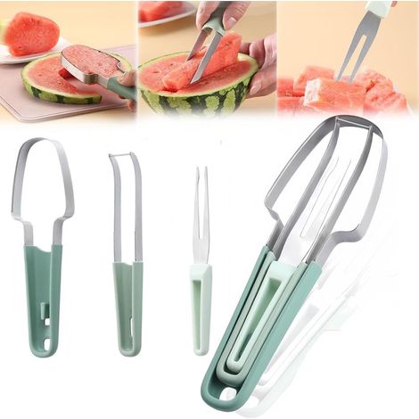 3-in-1 Wassermelonengabel, Obstschneider aus Edelstahl, Wassermelonen-Eisschneider aus Edelstahl, Wassermelonenschneider, Schneidewerkzeug, Melonenkernschneider, tragbare Obstgabel
