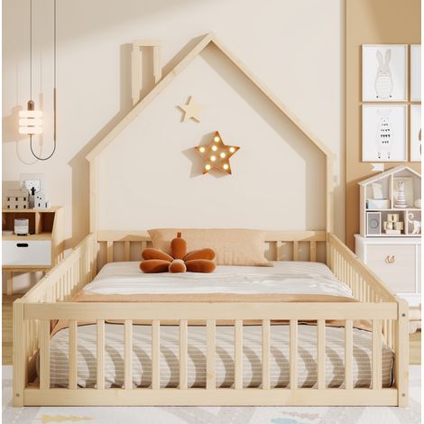 Hausbett 140x190 cm aus Kiefer und MDF, Natur, mit Sicherheitsgitter und Lattenrost