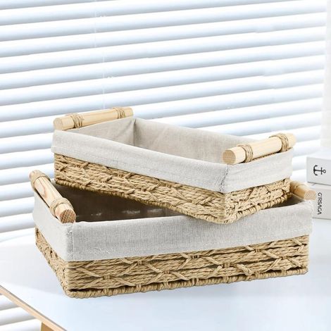 Lot de 2 Paniers Rangement Osier Rectangulaire, Corbeille à Pain Tressée Panier Tressé avec Doublure en Lin Panier à Pain Panier Tressé en Osier Bohème pour Salon, Salle de Bain, Cuisine (1/5)