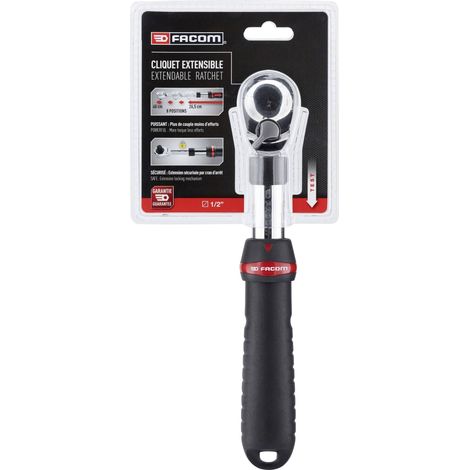 Facom – Cliquet réversible télescopique 1/2" – Longueur réglable 264-397 mm – 72 dents – Angle de reprise 5° – Oeillet robuste pour accroche (1/4)