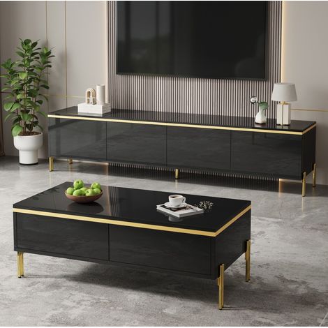 Modernes Luxus-TV-Schrank- und Couchtisch-Set , Hochglänzende Oberfläche in Unifarbe , Goldene Kanten , Großzügiger Stauraum (1/5)