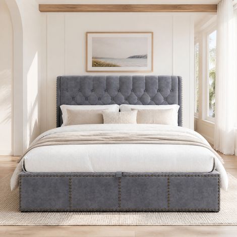 Letto imbottito 160/200 cm in velluto grigio con contenitore e dettagli rivettati (1/5)