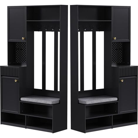 Ensemble armoire, ensemble armoire d'entrée complet avec banc, 4 crochets, portes et tiroirs - Noir, dimensions compactes 100×180×35 cm (L×H×P) (1/5)