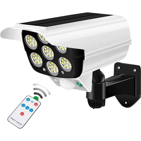 Projecteur solaire extérieur à détecteur de mouvement 2000 lumens 77 LED avec télécommande, étanche IP66, leurre sans fil factice de caméra de sécurité pour porche, jardin, terrasse, allée. (1/5)
