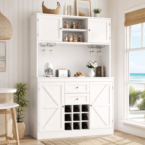 DESMIU Buffet haut 4 portes 2 tiroirs avec étagères réglables et range-vin pour cuisine, MDF, blanc, 120 × 40 × 188 cm (1/5)