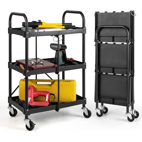 COSTWAY Werkzeugwagen 3 Etagen, Klappbarer Rollwagen auf Rollen, Mehrzweckwagen mit Handläufen, Werkstattwagen Servicewagen, für Werkstatt, Büro, Zuhause, Montagewagen Metall, Schwarz (1/5)
