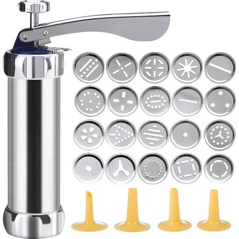 Presse à biscuits en aluminium, kit de presse à biscuits, machine à biscuits, presse à pâtisserie avec 20 accessoires et 4 douilles pour pâtes fines, acier inoxydable, argent (1/5)