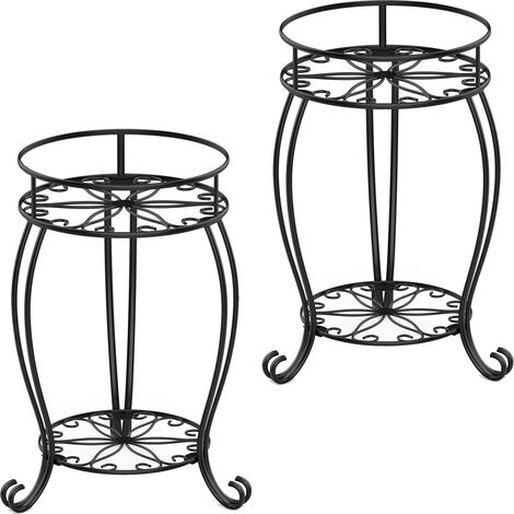 Lot de 2 supports de plantes en métal robuste pour intérieur et extérieur, 2 niveaux de supports ronds pour pots, étagère d'angle noire (1/5)