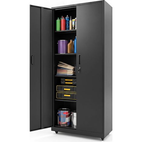 Meuble de Rangement Bureau, Armoire Polyvalente, avec Doubles Portes, 5 Niveaux, 4 Étagères Réglables, Armoire Métallique, 80 x 40 x 186 CM, Noir (1/5)
