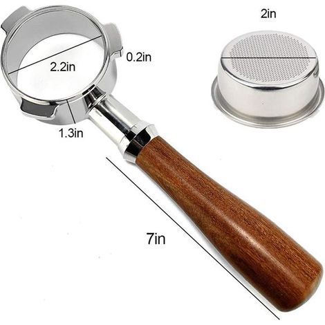 Eine Espressomaschine aus silber- und holzfarbenem Edelstahl mit einem 54 mm langen, bodenlosen Edelstahlgriff.