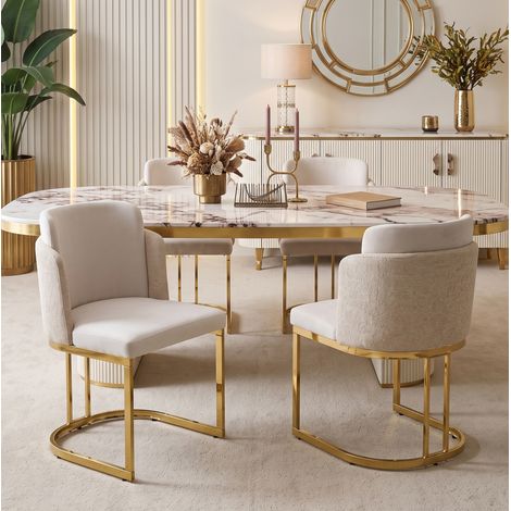 Juego de 4 sillas de comedor, respaldo doble, patas metálicas galvanizadas, chenille beige y dorado (1/5)