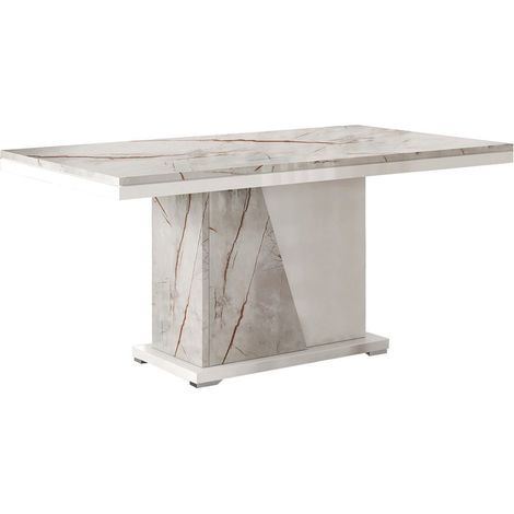 Table repas pied central blanche et aspect marbre gris-brun - NERVY (1/4)