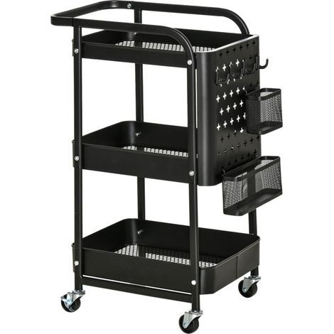 Desserte chariot de rangement pour bureau en métal chariot de service à roulettes 3 niveaux avec 2 range-couverts 4 crochets dim.51,5L x 32l x 75,6H cm - noir (1/5)