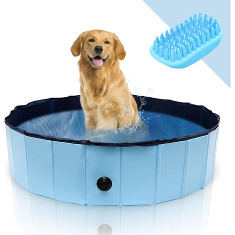 Piscine pliable pour petits chiens - 120 x 30 cm - Pour grands chiens - Avec brosse de bain et kit de réparation - Bleu (1/5)