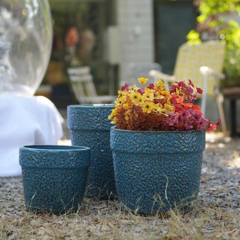 Ensemble de 3 pots de fleurs en céramique faits à la main (Ø 38,1/30,5/22,9 cm), glaçure granuleuse mouchetée bleue, idéal pour les plantes succulentes/plantes d'intérieur, rebords de fenêtre/étagères