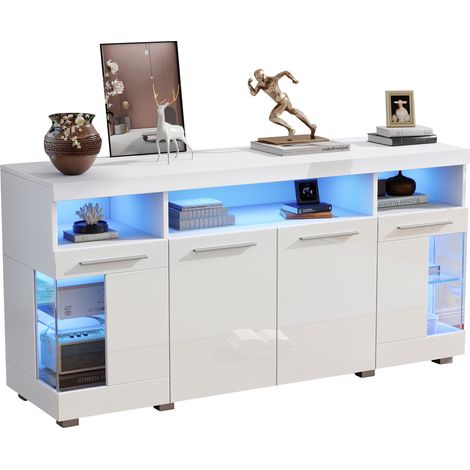 Sideboard LED blanc brillant 140x40x70 cm avec portes en verre trempé, 3 tiroirs et 6 espaces de rangement pour salon moderne et séjour  CHICFURN (1/5)