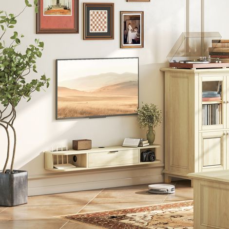Meuble TV suspendu bois naturel 120 x 24 x 16 cm pour téléviseur jusqu'à 50 pouces, tiroir rabattable et 2 étagères (1/5)