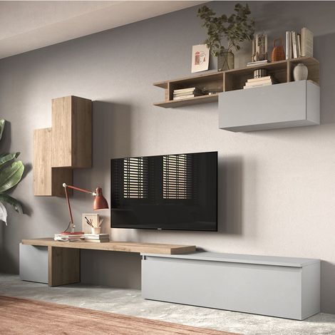Ensemble mural TV salon moderne meubles suspendus Infinity 33 - Blanc - Gris (1/2)