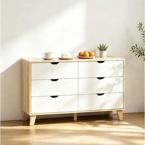 Cassettiera bianca e rovere con 6 cassetti 120 x 40 x 76 cm DESVIAE (1/5)