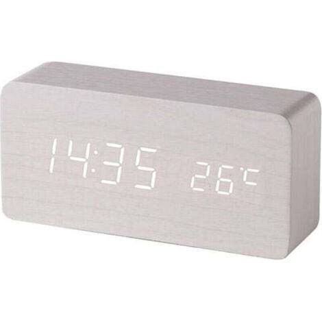 (Blanc) Réveil digital en bois avec contrôle sonore par LED, alimentation double par batterie USB, horloge silencieuse en bois avec LED, décorations pour la maison (1/4)
