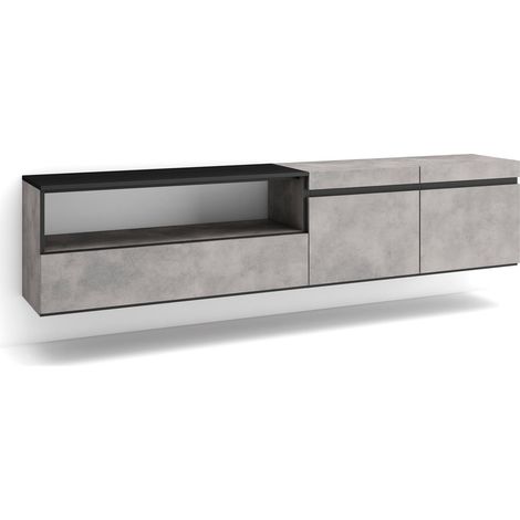 Skraut Home - Meuble TV, Banc Télé, Grand espace de Rangement, 200x45x35cm, Pour les TV jusqu'à 80", Suspendu, Mural, Style moderne, Gris Ciment (1/5)