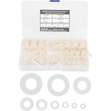 600 Pièces Rondelles Plates 9 Tailles Kit Assortiment Joints Nylon Blanc Quincaillerie Outils M2 à M12