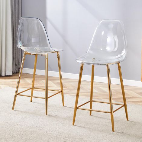 Lot 2 tabourets de bar transparents, structure métal argenté/doré/noir, design moderne, cuisine bar restaurant, chaises seules (1/5)