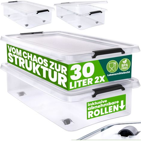 DEUBA® Aufbewahrungsbox transparent Stapelbox Ordnungsbox 30L 60L Deckel aufklappbar stapelbar Rollen BPA frei lebensmittelecht Box 2x 30L