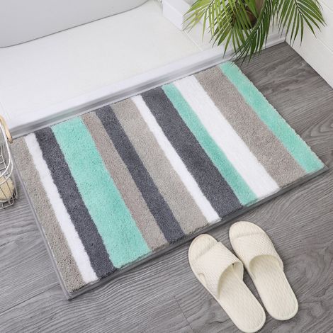 Tapis de Bain Antiderapant,Tapis Salle de Bain Rayé en Microfibre Douce, Absorbant à Poils Longs, Lavable en Machine - 50 x 80 cm, Vert/Gris (1/5)