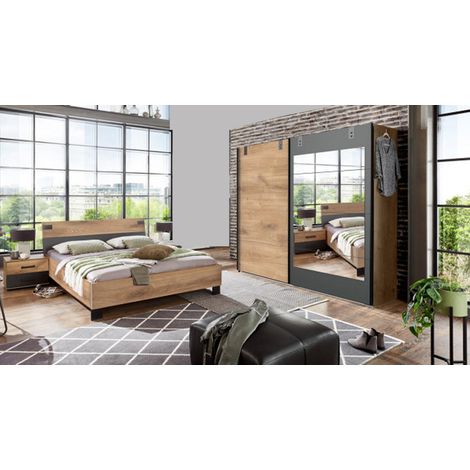 Pegane – Chambre complète adulte 140x200 cm – Lit futon + 2 chevets avec tiroirs + armoire coulissante chêne foncé – Panneaux mélaminés (1/2)