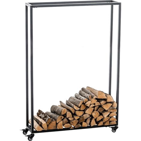 Range-bûches étagère support bois de cheminée sur roulettes 150x80x25 cm en métal noir 100003533 (1/5)