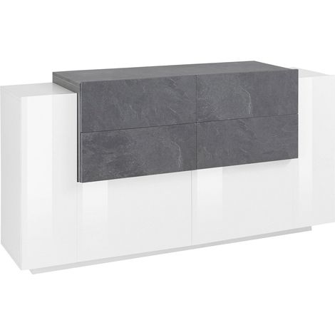 Credenza 2 Ante Battenti e 4 Cassetti 160x86x45 cm New Coro Bianco Lucido e Ardesia (1/4)