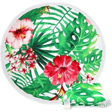 Serviette de plage ronde mandala en coton ultra-épais avec franges - Blanc - Diamètre 150cm (1/3)