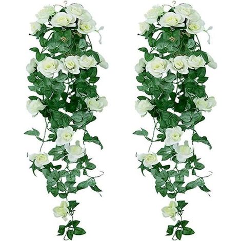 Plantes suspendues artificielles - Faux Soie Rose Fleurs Suspendus Guirlande Rotin Ivy Vigne pour la Décoration 2pc -Blanc (1/4)
