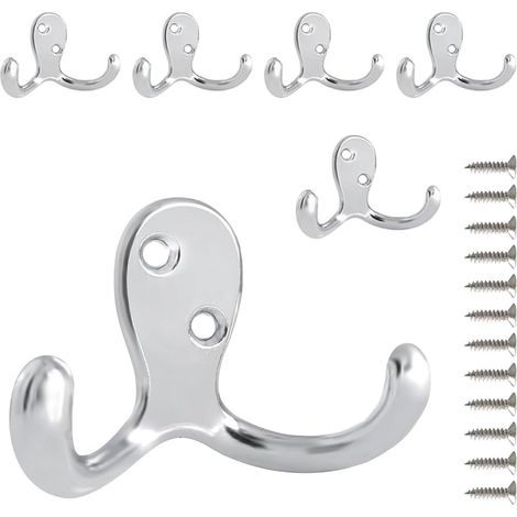 Lot de 6 crochets muraux pour suspension, à double griffe robustes en métal fixer au mur salon, salle bain, cuisine, chambre coucher manteau, sac, écharpe, serviette Argenté -'Argenté (1/5)