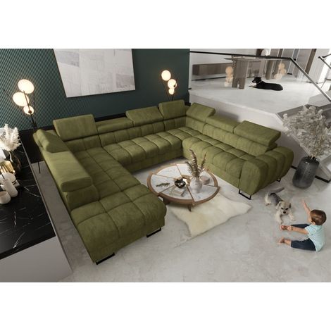 Wohnlandschaft Schlafsofa BASTIEN XL in Stoff Terra Mintgrün Ottomane Links