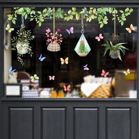 Lntyq Autocollants de Fenêtre Papillon et Fleurs Stickers Muraux Plantes Vertes Deco Stickers Salle de Bain Cuisine Chambre Bébé Décoration