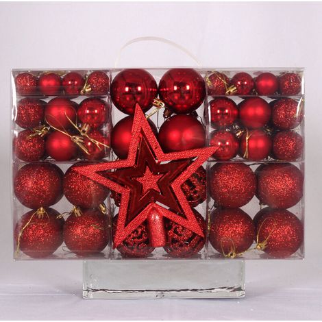Packung mit 101 robusten Weihnachtsbaumkugeln aus Kunststoff, für drinnen und draußen, rot
