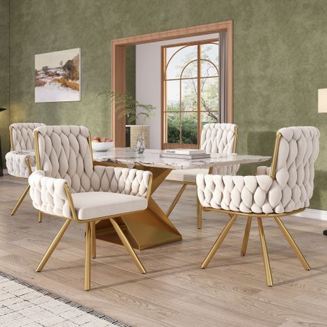 Set of 4 Velvet Dining Chairs with Armrests,Luxurious Swivel Chairs for Living Room and Bedroom,Beige Leisure Chairs with Metal Support Legs