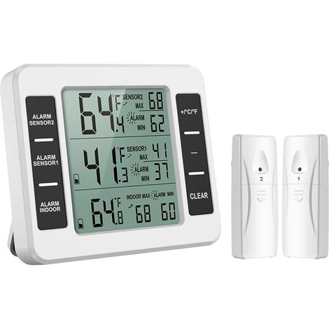 Thermomètre pour congélateur, thermomètre sans fil pour réfrigérateur avec 2 capteurs et alarme sonore, adapté aux maisons, bars et cafés (piles non incluses). (1/5)