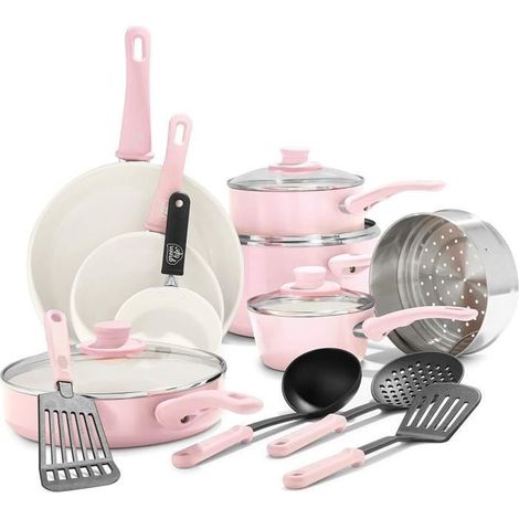 Batterie de cuisine - GREENLIFE - Soft Grip - 16 pièces - Antiadhésif - Rose (1/4)