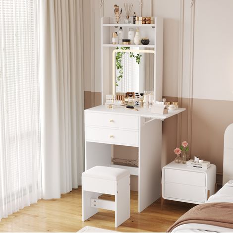 Coiffeuse blanche avec miroir LED réglable, 2 tiroirs, tablette rabattable 25 cm HAVRYA (1/5)