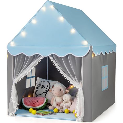 COSTWAY Tenda da Gioco per Bambini, Tenda Castello con Tappetino Lavabile, Luci a Forma di Stella, per Interno ed Esterno, 105 x 121 x 136 cm (Stile 2 Blu) (1/5)