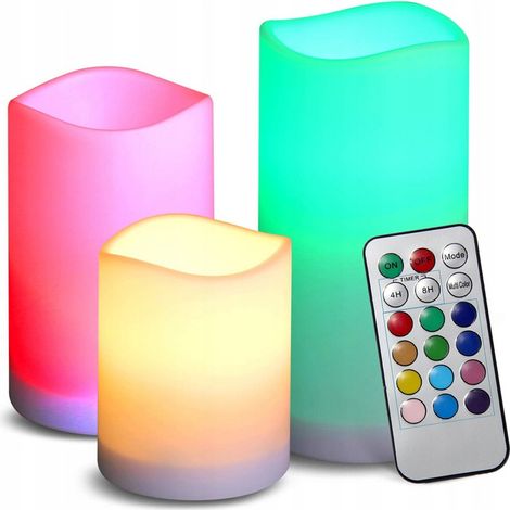 Velas LED decorativas con control remoto, velas decorativas coloridas, 3 piezas (1/5)