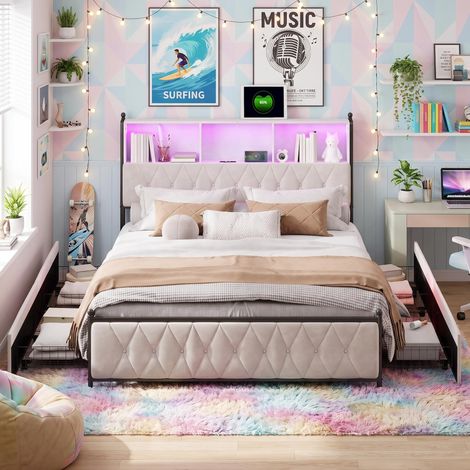 Lit Double Capitonné 140x200cm,Velours lit avec 2 USB Intégrées,lit LED avec 4 Tiroirs de Rangement,Table de Chevet avec Bande Lumineuse RGB,Facile à Assembler,sans Matelas, Beige (1/5)