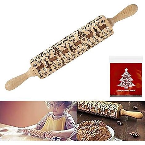 Rouleau à motifs de Noël, aiguilles à gaufrer en bois et sachets à biscuits, pour pâtisseries et cookies sur le thème de Noël (1/5)