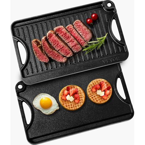 Plaque de cuisson réversible en fonte, 185x342 mm, plaque-gril pré-assaisonnée portable avec poignée, poêle à griller pour brûleur de cuisinière intérieur/extérieur, gaz, barbecue camping, noir (1/5)