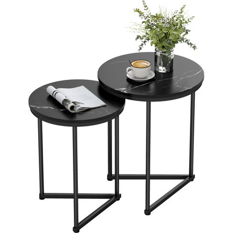 HOMCOM Nesting Coffee Table Set of 2 with Metal Frame, Black Marble Effect
