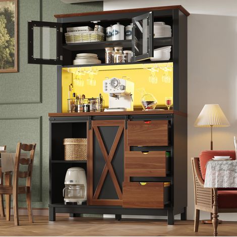 REDOM - Buffet haut de cuisine 104x40x180 cm, LED avec contrôle par application, porte coulissante, verre MDF métal noir (1/5)