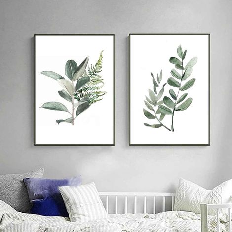 Lot de 2 posters de plantes vertes - Tableau mural vert - Poster naturel - Toile murale moderne - Décoration murale pour salon - Sans cadre (50 x 70 cm) (1/5)